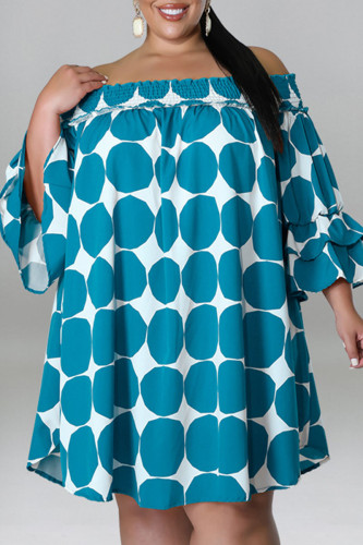 Lake Blue Casual Print Polka Dot Patchwork Off the Shoulder Plus Size Dresses