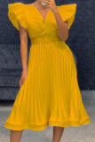 Gele casual effen patchwork vouw V-hals rechte jurken