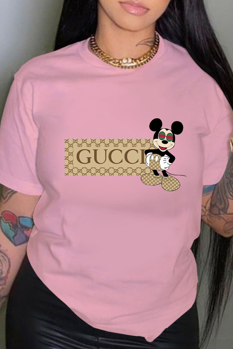 

Pink Fashion Casual Character Letter O Neck T-Shirts