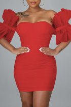 肩のペンシルスカートドレスから赤のセクシーなソリッドメッシュ