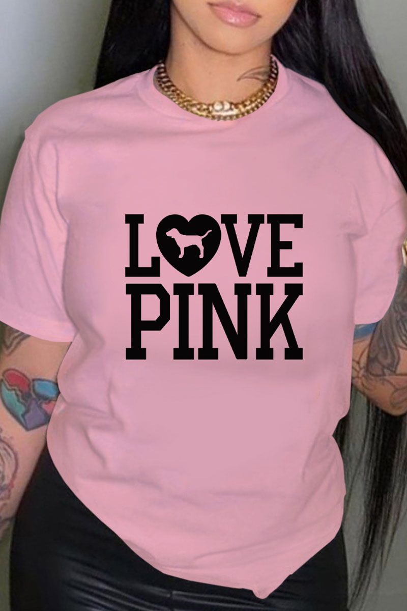 

Pink Fashion Casual Print Letter O Neck T-Shirts