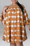 Kaki Casual Print Polka Dot Patchwork Off the Shoulder Klänningar i stora storlekar