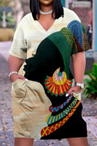 Абрикосовое модное повседневное платье с принтом в стиле пэчворк и V-образным вырезом с коротким рукавом