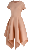 Apricot Pink Fashion Solid Split Joint O Neck Irregular Dress Dresses