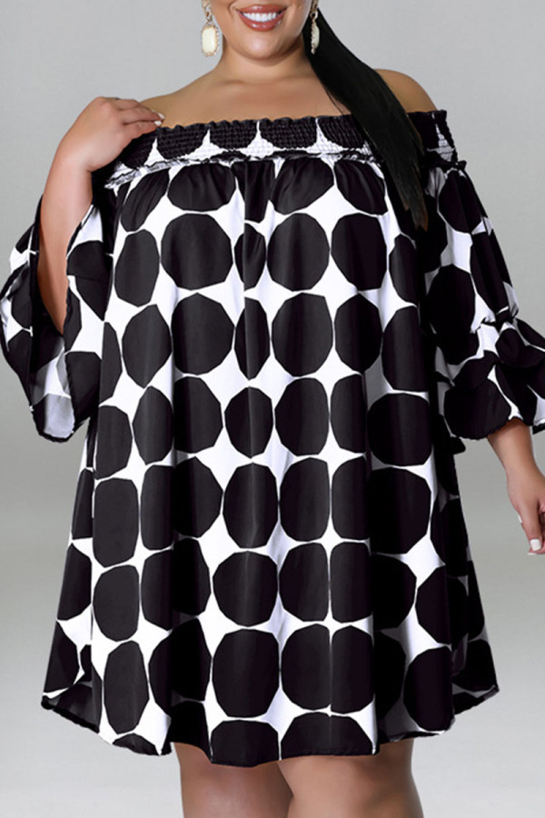 ブラックカジュアルプリント水玉パッチワークオフショルダープラスサイズのドレス