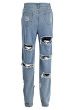 Azul cinza rua sólido oco para fora fazer velho retalhos jeans de cintura alta