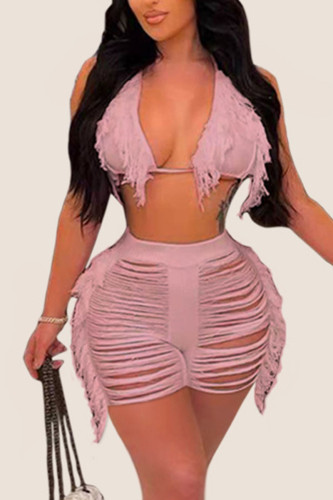 Pink Sexy Solid Tassel Bandage Hollowed Out Split Joint Swimwears