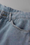 Blue Gray Street Solid Hollowed Out Make Old Patchwork High Waist Denim Jeans
