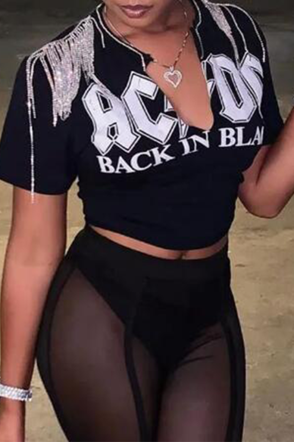 Camisetas con cuello en V y borlas con estampado sexy negro