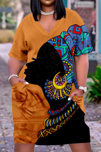 Black Orange Fashion Casual Print Patchwork V Neck Short Sleeve Dress