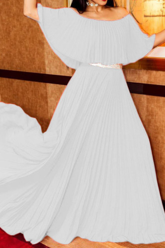 White Casual Elegant Solid Patchwork Fold Off the Shoulder Dresses