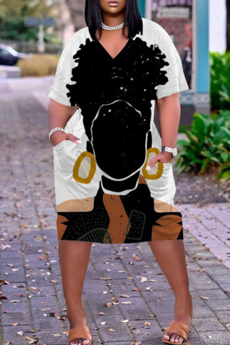 White Black Fashion Casual Print Basic V Neck Short Sleeve Dress