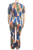 Green Casual Print With Belt V Neck Plus Size Jumpsuits