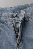 Сине-серые уличные однотонные полые джинсы из денима с высокой талией в стиле пэчворк