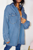 ミディアムブルーファッションカジュアルソリッドパッチワークターンダウンカラー長袖レギュラーデニムジャケット