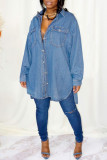 Mellanblå Mode Casual Solid Patchwork Turndown-krage Långärmad vanlig jeansjacka