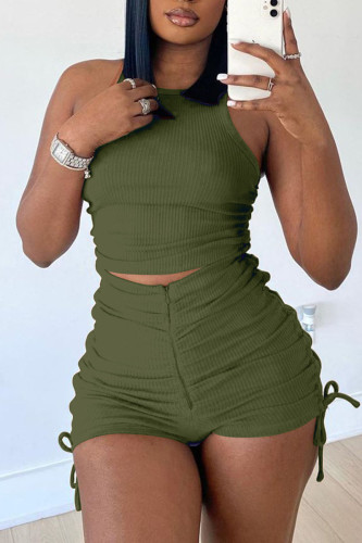 Army Green Sexy Solid Patchwork Draw String Fold O Neck Short Sleeve Two Pieces Tank Crop Tops And Shorts Set