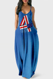 Rot Blau Fashion Casual Print Backless Spaghetti Strap Langes Kleid