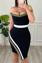Zwarte mode sexy print patchwork backless off-shoulder onregelmatige jurk