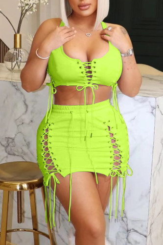 Fluorescent Green Sexy Solid Bandage Hollowed Out Patchwork U Neck Two Pieces