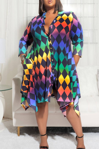 Colour Casual Print Patchwork Buckle Asymmetrical Turndown Collar A Line Plus Size Dresses