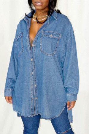 Medium Blue Fashion Casual Solid Patchwork Turndown Collar Long Sleeve Regular Denim Jacket