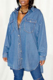 Mellanblå Mode Casual Solid Patchwork Turndown-krage Långärmad vanlig jeansjacka