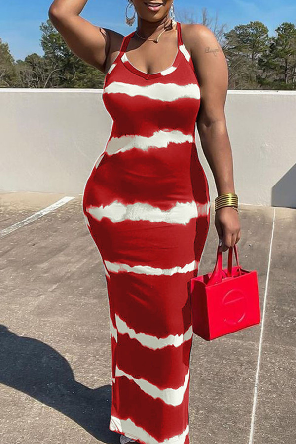 Красные повседневные платья-юбки в полоску с принтом в стиле пэчворк и U-образным вырезом
