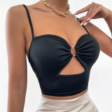 Black Fashion Sexy Solid Patchwork Backless Spaghetti Band Tops