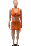 Tangerine Red Sexy Solid Bandage Hollowed Out Patchwork U Neck Two Pieces