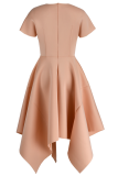 Apricot Pink Fashion Solid Patchwork O Neck Irregular Dress Dresses