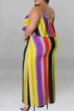 Púrpura sexy estampado de rayas patchwork correa de espagueti honda vestido más vestidos de tamaño