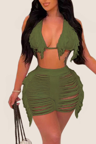 Army Green Sexy Solid Tassel Bandage Hollowed Out Split Joint Swimwears