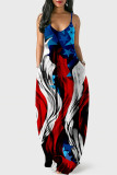 赤青ファッションカジュアルプリント背中の開いたスパゲッティストラップロングドレス