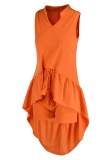 Tangerine Red Fashion Solid Flounce V Neck Sleeveless Two Pieces