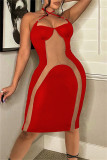 Rode mode sexy patchwork bandage doorschijnende backless halter mouwloze jurk