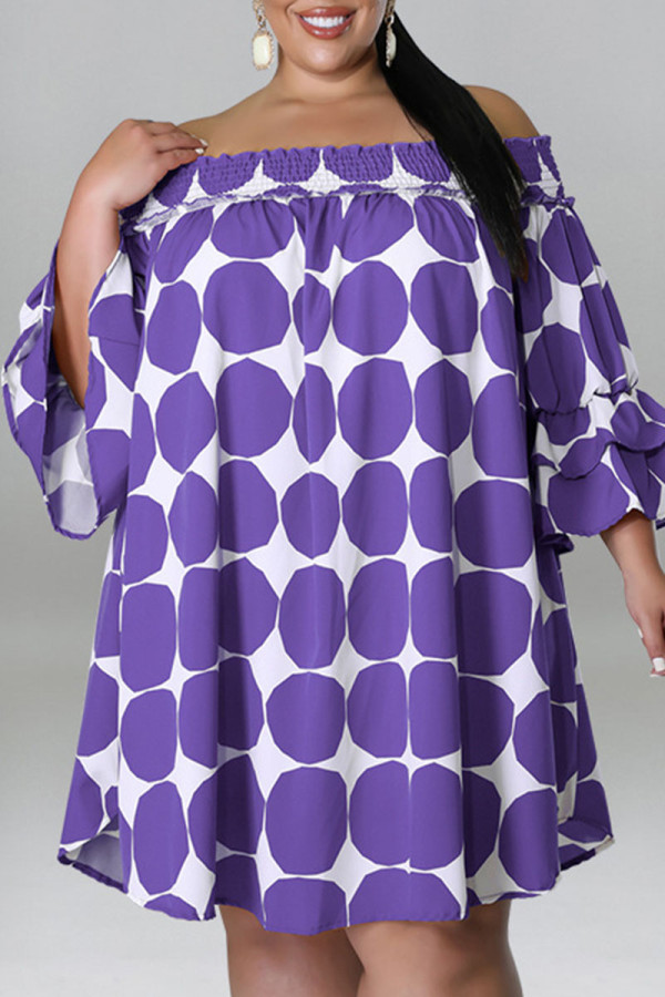 パープルカジュアルプリント水玉パッチワークオフショルダープラスサイズのドレス