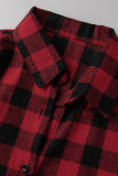 Blusa casual vermelha com estampa xadrez patchwork fivela assimétrica gola redonda