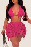 Tangerine Red Sexy Solid Tassel Bandage Hollowed Out Patchwork Swimwears