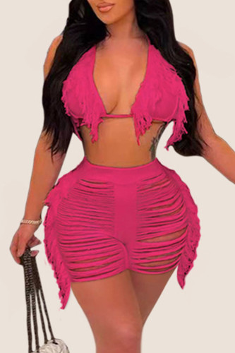 Rose Red Sexy Solid Tassel Bandage Hollowed Out Split Joint Swimwears