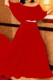Rotes beiläufiges elegantes festes Patchwork-Falten-von den Schulter-Kleidern