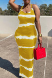 Vestidos de falda de un paso con cuello en U de patchwork con estampado de rayas casual amarillo