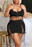 Black Sexy Solid Bandage Hollowed Out Patchwork U Neck Two Pieces