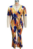 Green Casual Print With Belt V Neck Plus Size Jumpsuits
