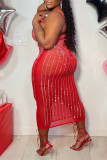Rotes, sexy Plus-Size-Patchwork-Heißbohren, durchsichtiges, rückenfreies, ärmelloses Kleid mit Spaghettiträgern