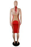 赤いファッションセクシーなパッチワーク包帯シースルーバックレスホルターノースリーブドレス