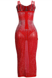 Rotes, sexy Plus-Size-Patchwork-Heißbohren, durchsichtiges, rückenfreies, ärmelloses Kleid mit Spaghettiträgern