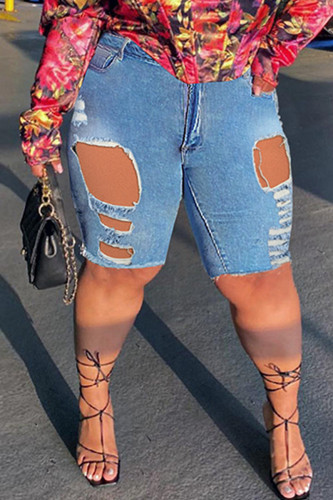 Blue Fashion Casual Solid Ripped Patchwork Skinny High Waist Conventional Solid Color Plus Size Denim Shorts
