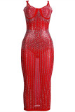 Rode sexy plus size patchwork hete boren doorschijnende backless spaghetti band mouwloze jurk