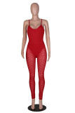 Red Sexy Solid Patchwork See-through Spaghetti Strap Sleeveless Two Pieces